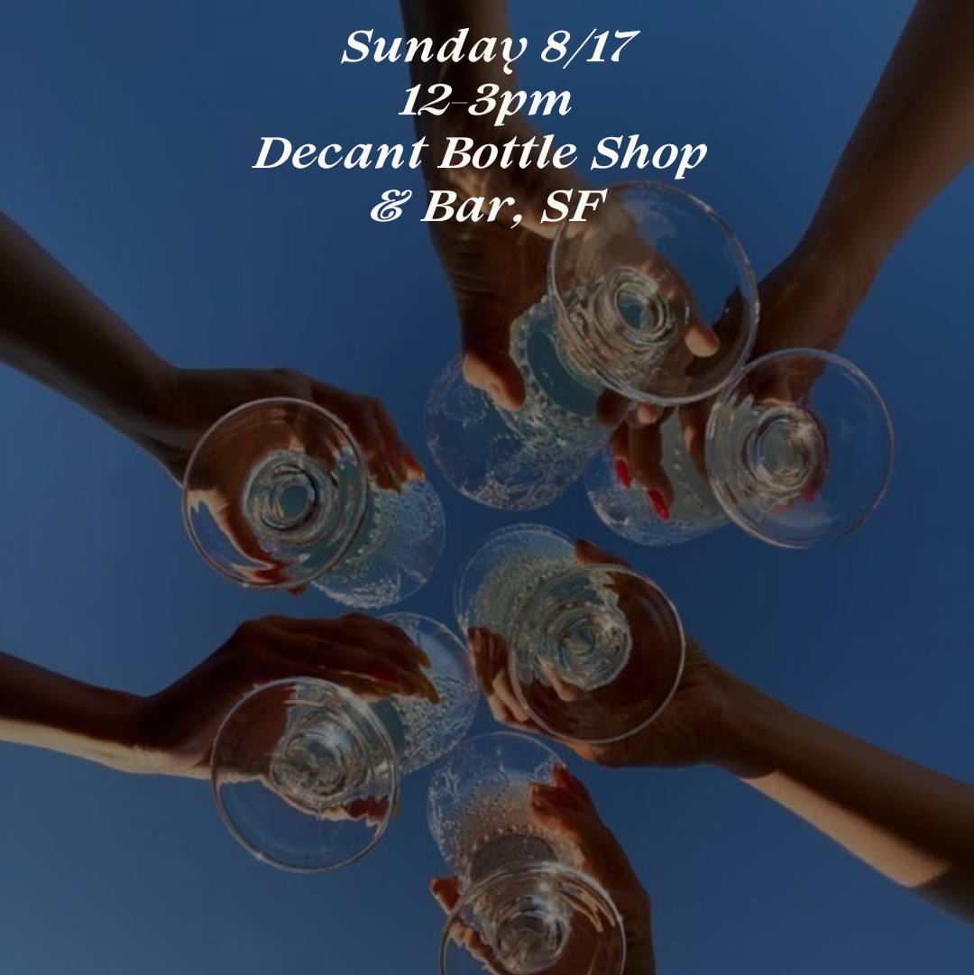 Hands holding glasses of wine against a blue sky with event details.