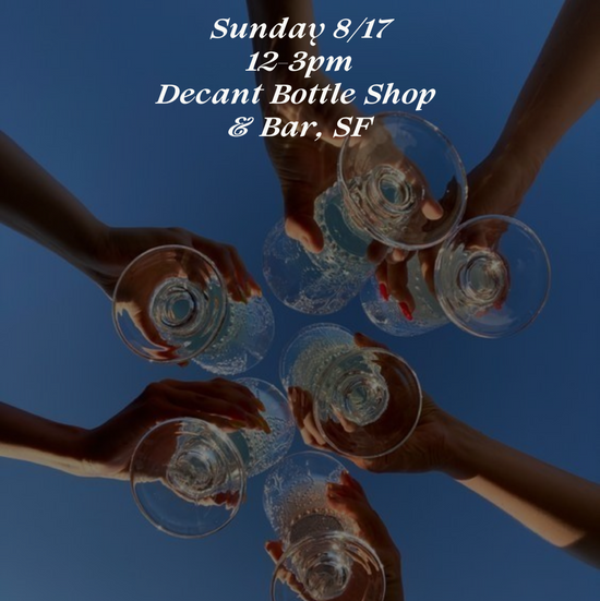Hands holding glasses of wine against a blue sky with event details.