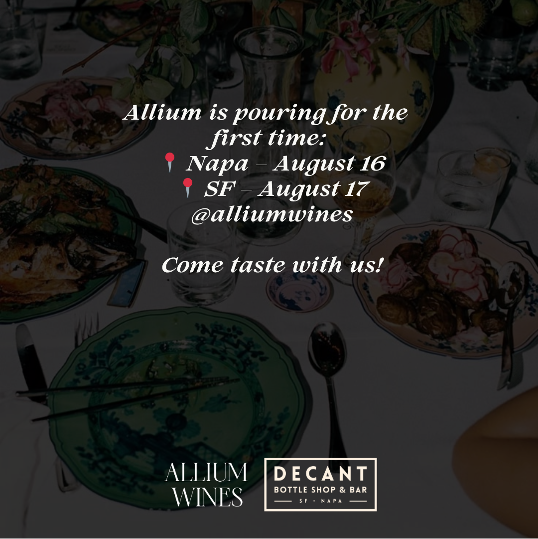 Promotional image for Allium Wines event with a table setting and food.