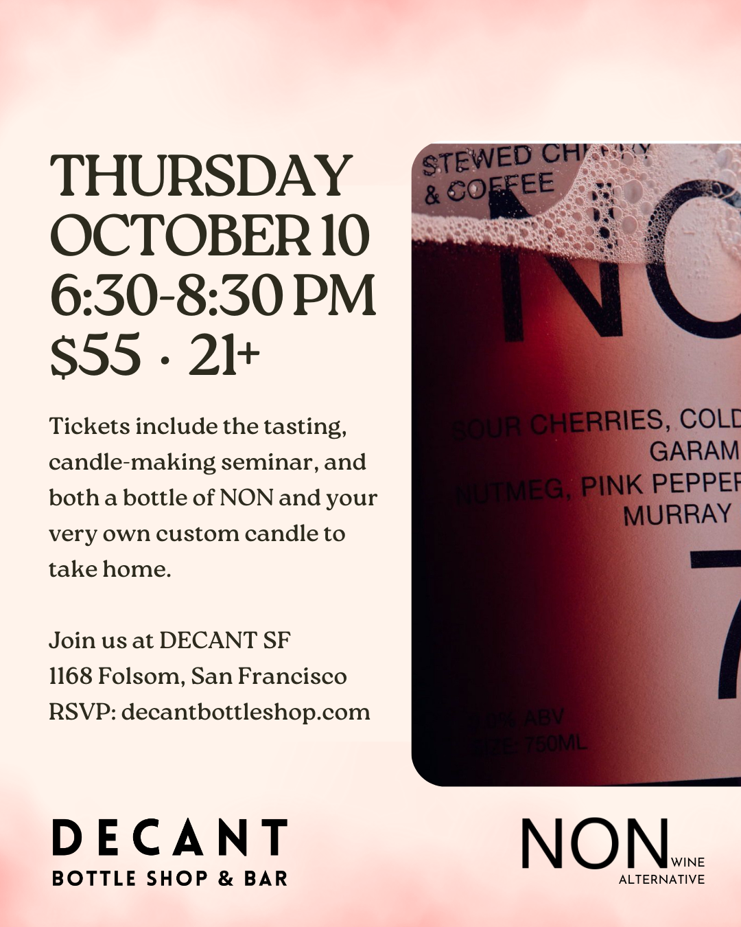 CANDLE MAKING CLASS WITH NON Alcohol-free Wine Alternatives - 10/10/24