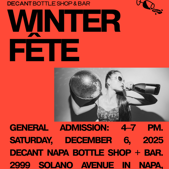 Promotional poster for a winter event at Decant Bottle Shop & Bar with text and a photo of a person with a disco ball.
