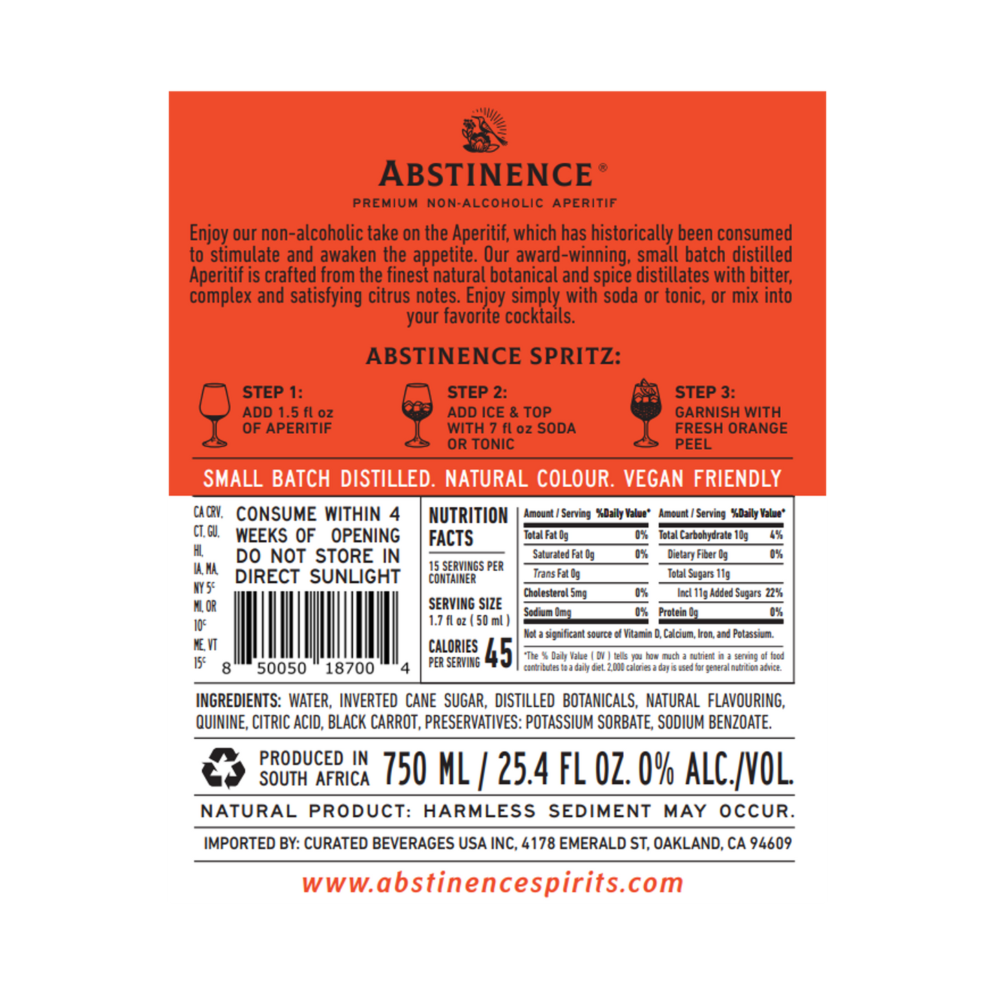 Abstinence Spirits 'Blood Orange' Non-Alcoholic Aperitif, South Africa