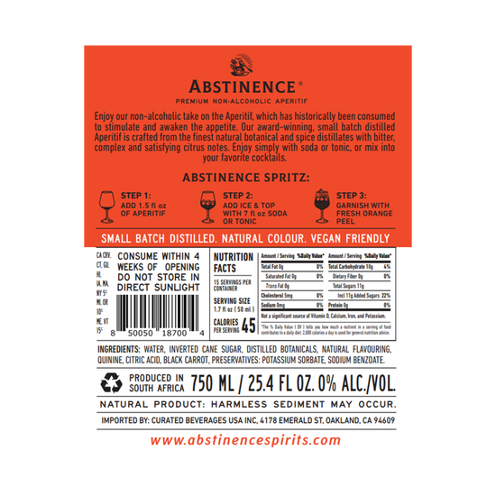 Abstinence Spirits 'Blood Orange' Non-Alcoholic Aperitif, South Africa