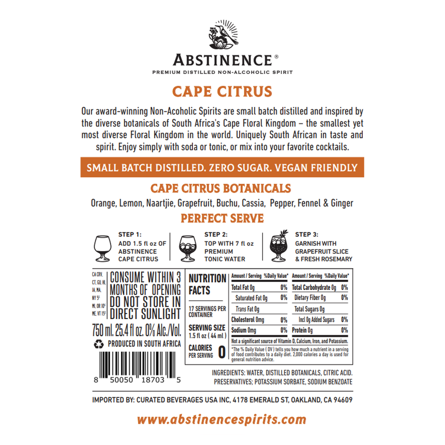 Abstinence Spirits 'Cape Citrus' Non-Alcoholic Spirit, South Africa