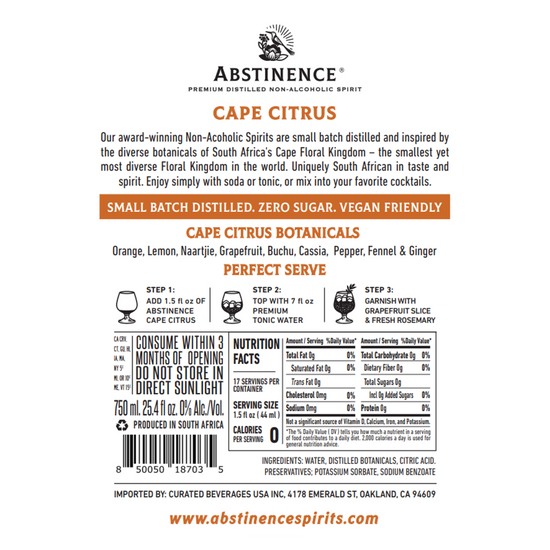 Abstinence Spirits 'Cape Citrus' Non-Alcoholic Spirit, South Africa