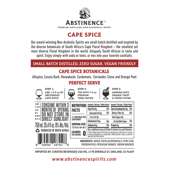 Abstinence Spirits 'Cape Spice' Non-Alcoholic Spirit, South Africa