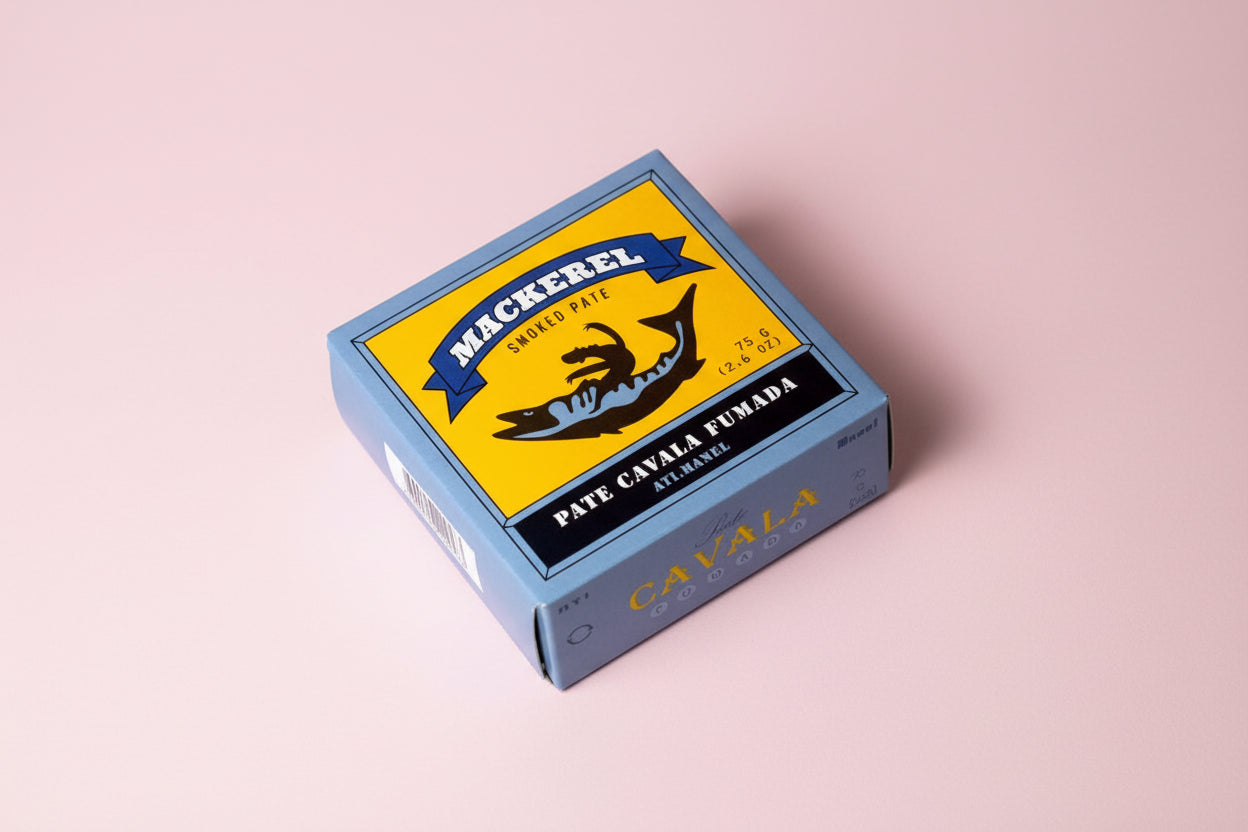 Box of Mackerel smoked pate with yellow and blue design on a white background