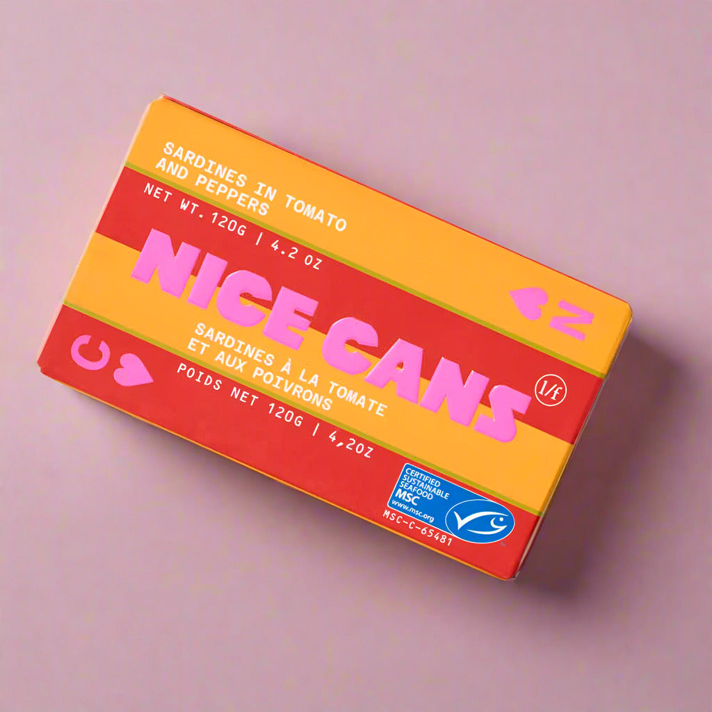 Canned food packaging with 'Nice Cans' branding on a white background