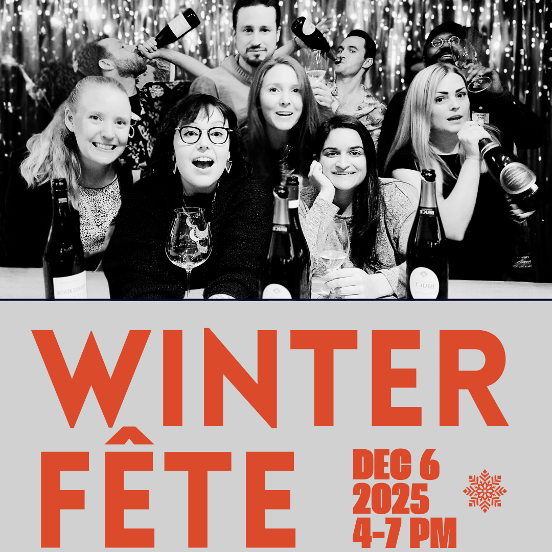 Promotional poster for a winter Fete with people and champagne, featuring text about a champagne and caviar soiree.