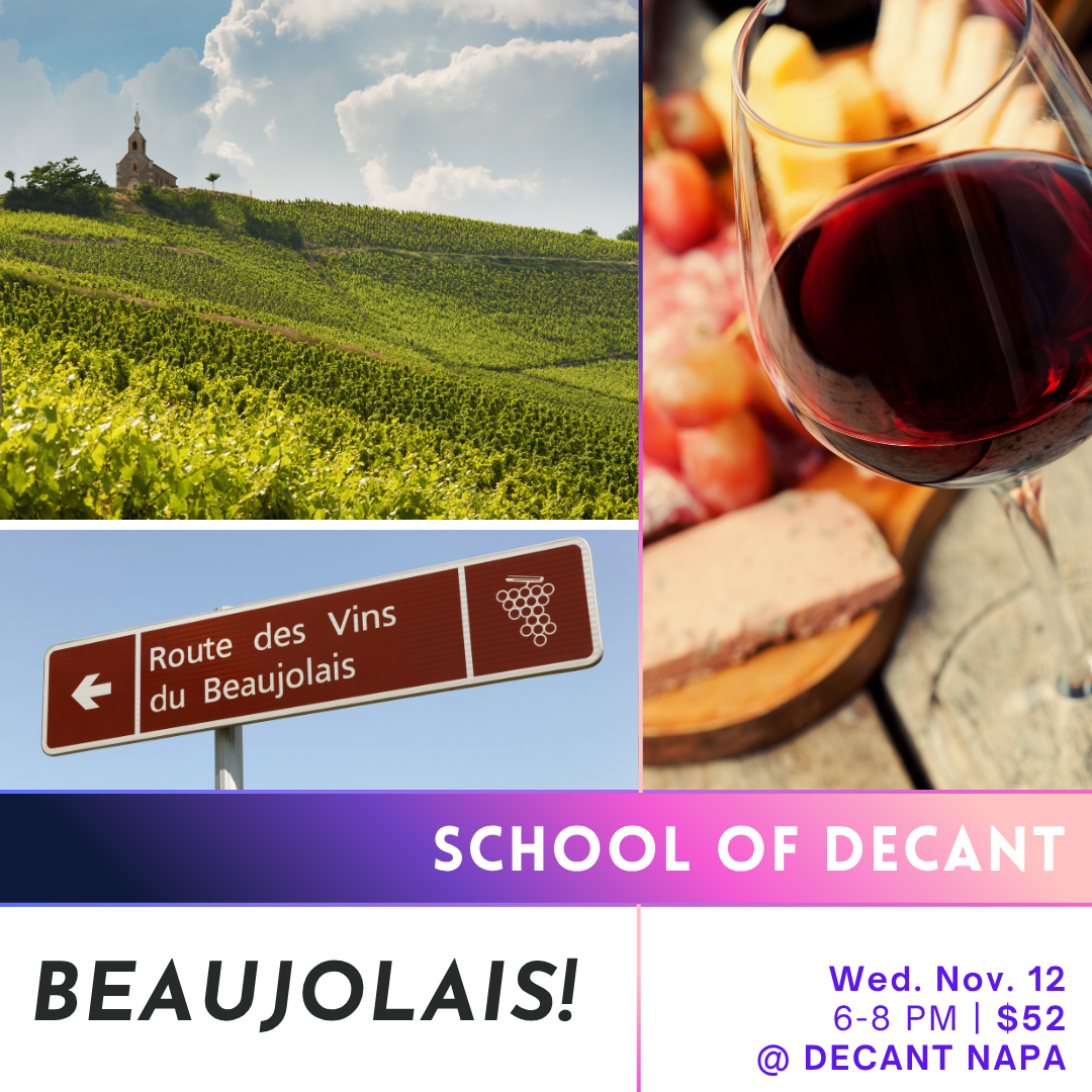 Promotional flyer for a wine event featuring vineyards, a glass of red wine, and a sign for Beaujolais.