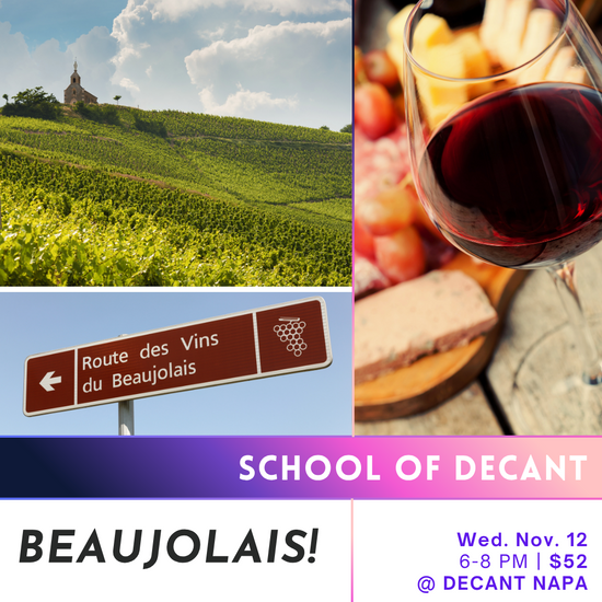 Promotional flyer for a wine event featuring vineyards, a glass of red wine, and a sign for Beaujolais.