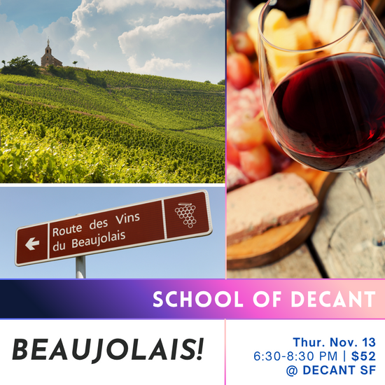 Promotional flyer for a wine event featuring vineyards, a glass of red wine, and a sign for Beaujolais.