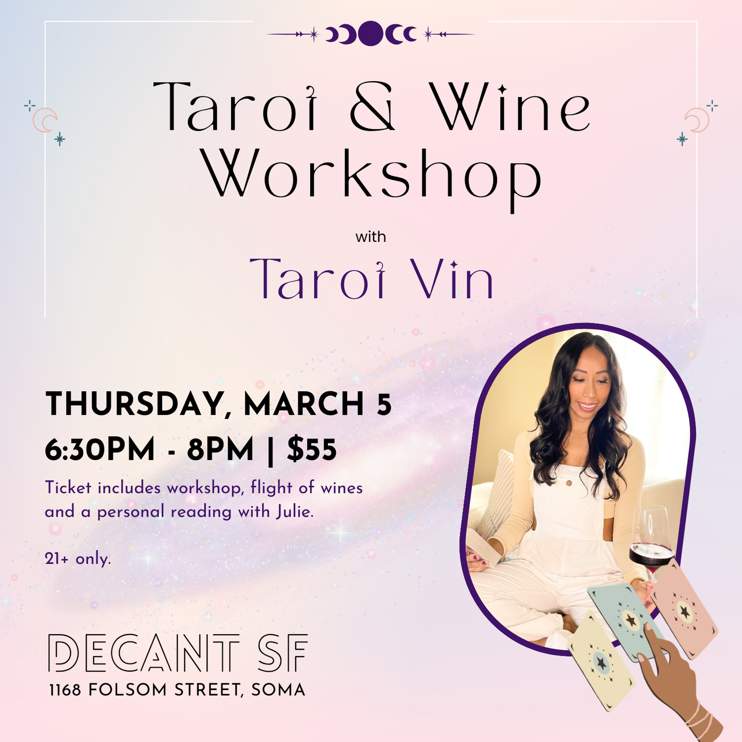 Promotional flyer for a Tarot & Wine Workshop with Tarot Vin at Decant SF.
